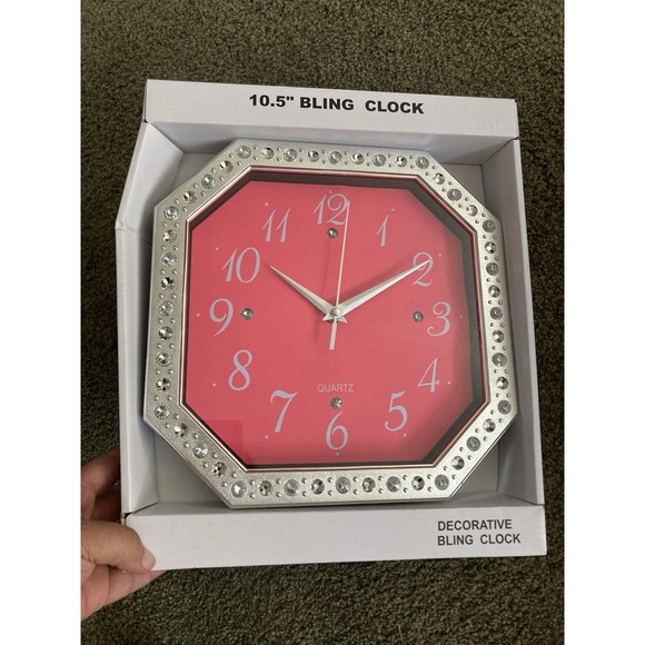 The Unbranded Brand Other - NEW in BOX Decorative Neon Pink & Silver with Faux Diamonds Analog 10.5 in Clock